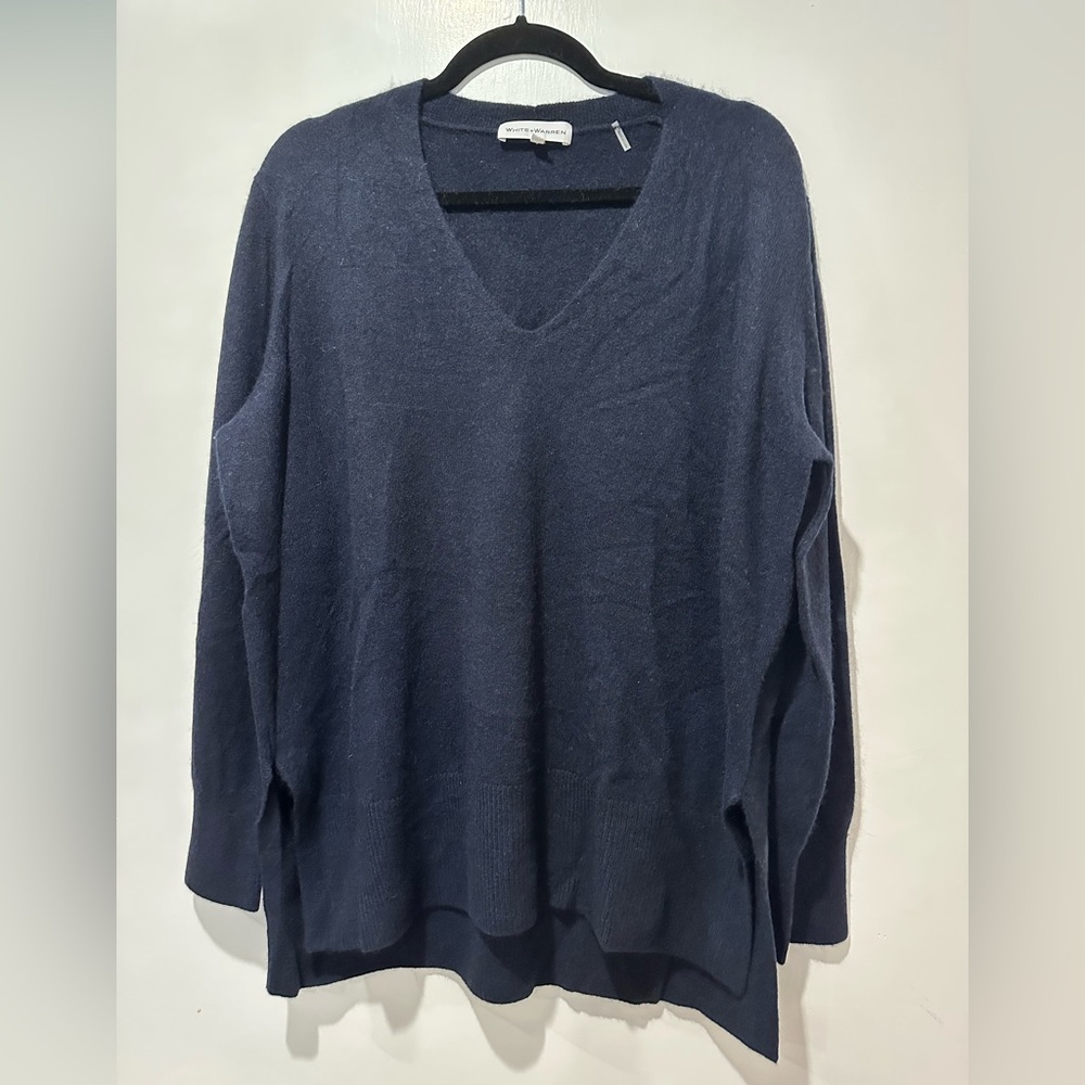 White + Warren Cashmere Deep Blue V-Neck Sweater